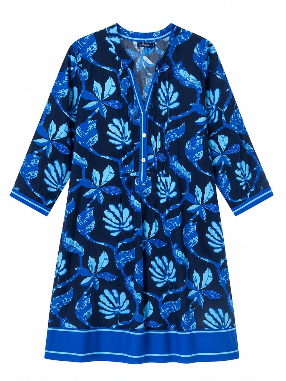 Tropical Palm Print V-Neck Tunic Dress in Navy and Turquoise